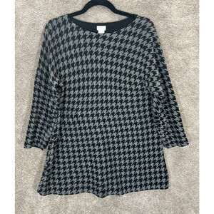 Chicos Sweater Womens 2 Large 12 Gray Black Houndstooth Double Knit Tunic Office